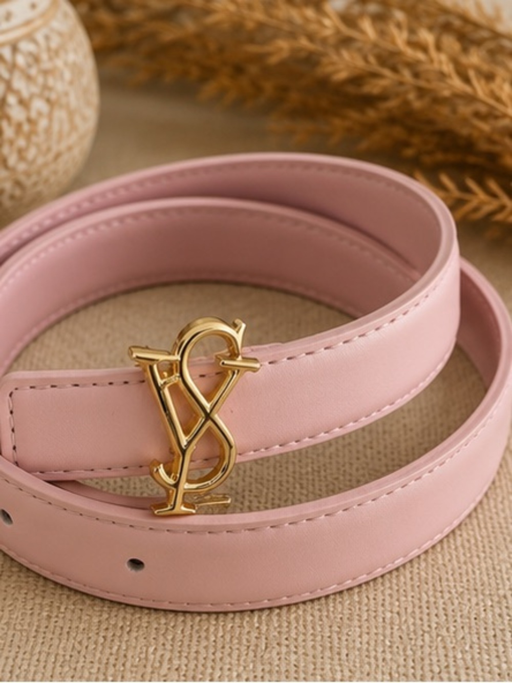 Designer Inspired Blush Pink Leather Belt | Gold Monogram Buckle | Boho Chic 43”